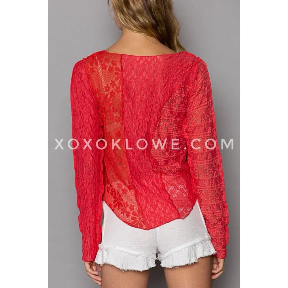 POL Red Lace Blouse | Mixed Pattern Long Sleeve Round Hem